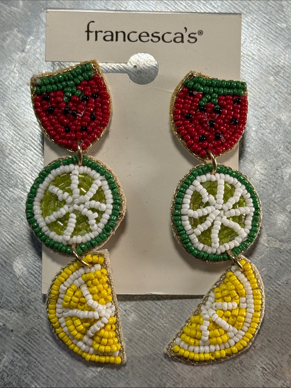 francesca's Beaded Fruit Drop Earrings - Red, Green, Yellow